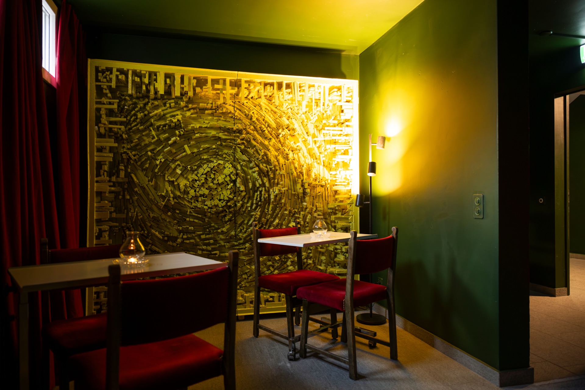The spiral artwork room off the bar