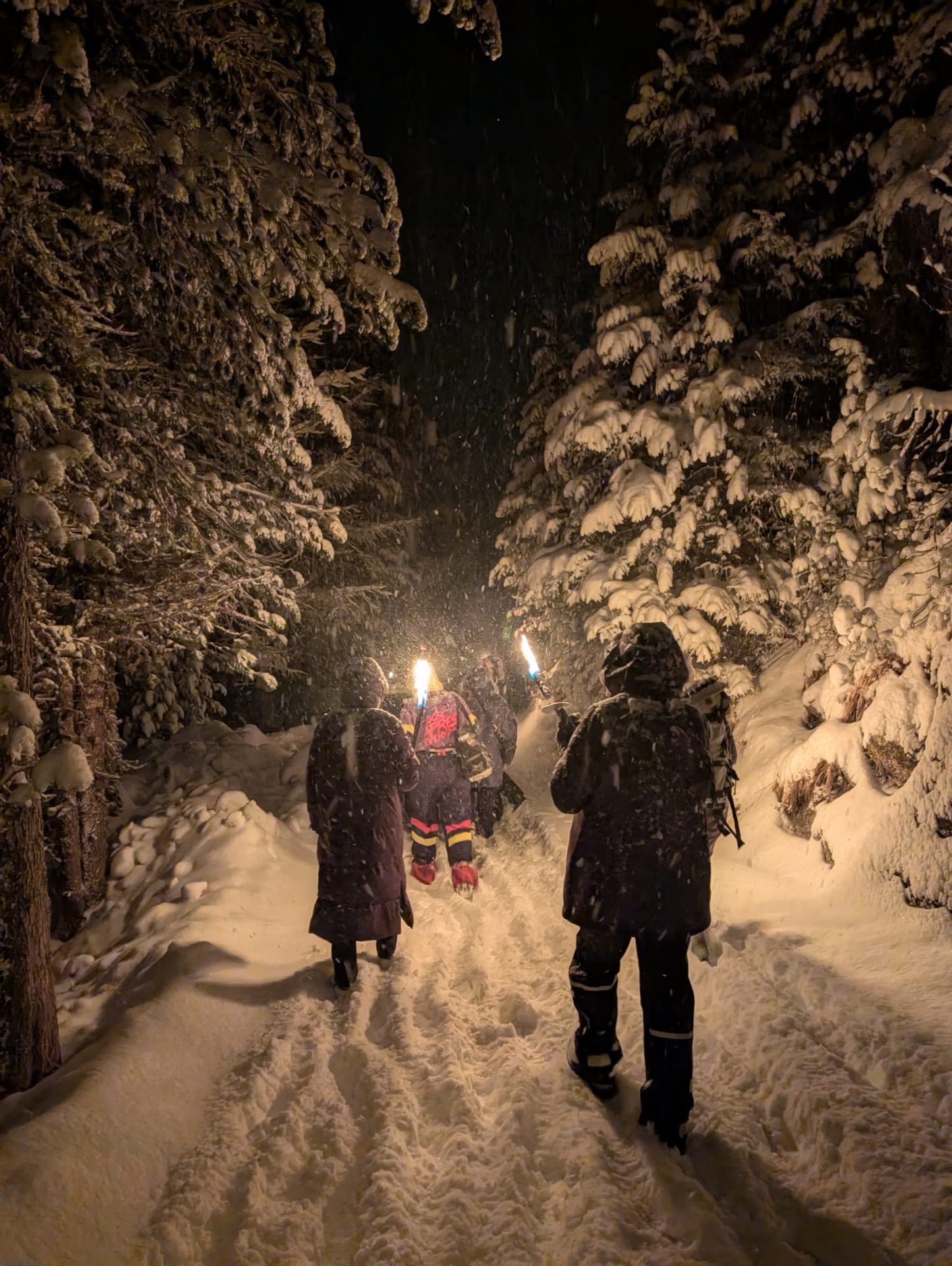 A torch-lit walk through the snow
